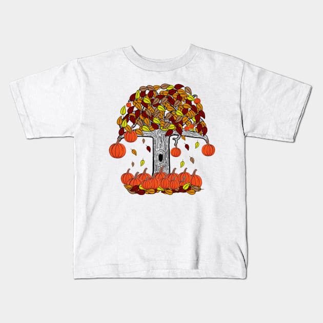 Simple Dark Tree With Pumpkins and Falling Leaves Kids T-Shirt by thcreations1